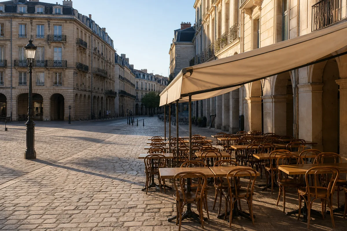 Façades en pierre blonde et terrasse de café pavée dans le centre historique de Bordeaux