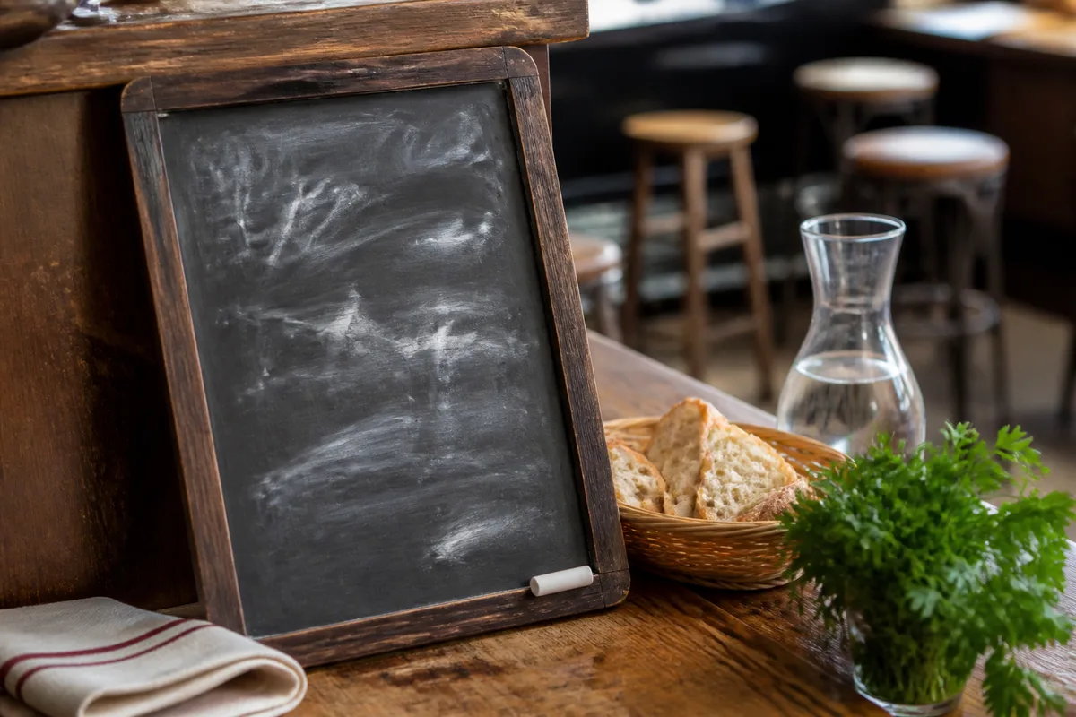 Ardoise de menu du jour manuscrite posée près d&rsquo;un comptoir de bistrot en bois