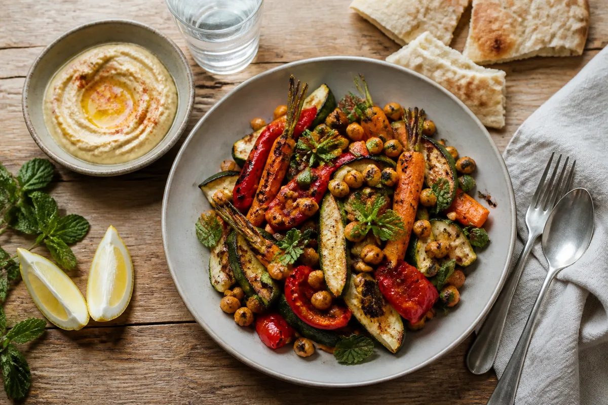 Assiette de légumes rôtis et houmous sur une table en bois clair
