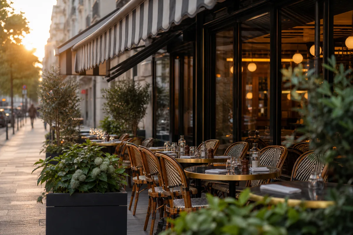 Terrasse de brasserie française avec tables rondes, store et chaises en bord de rue