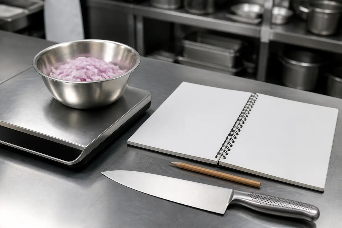 Balance de cuisine professionnelle et carnet de fiches techniques sur un plan de travail inox