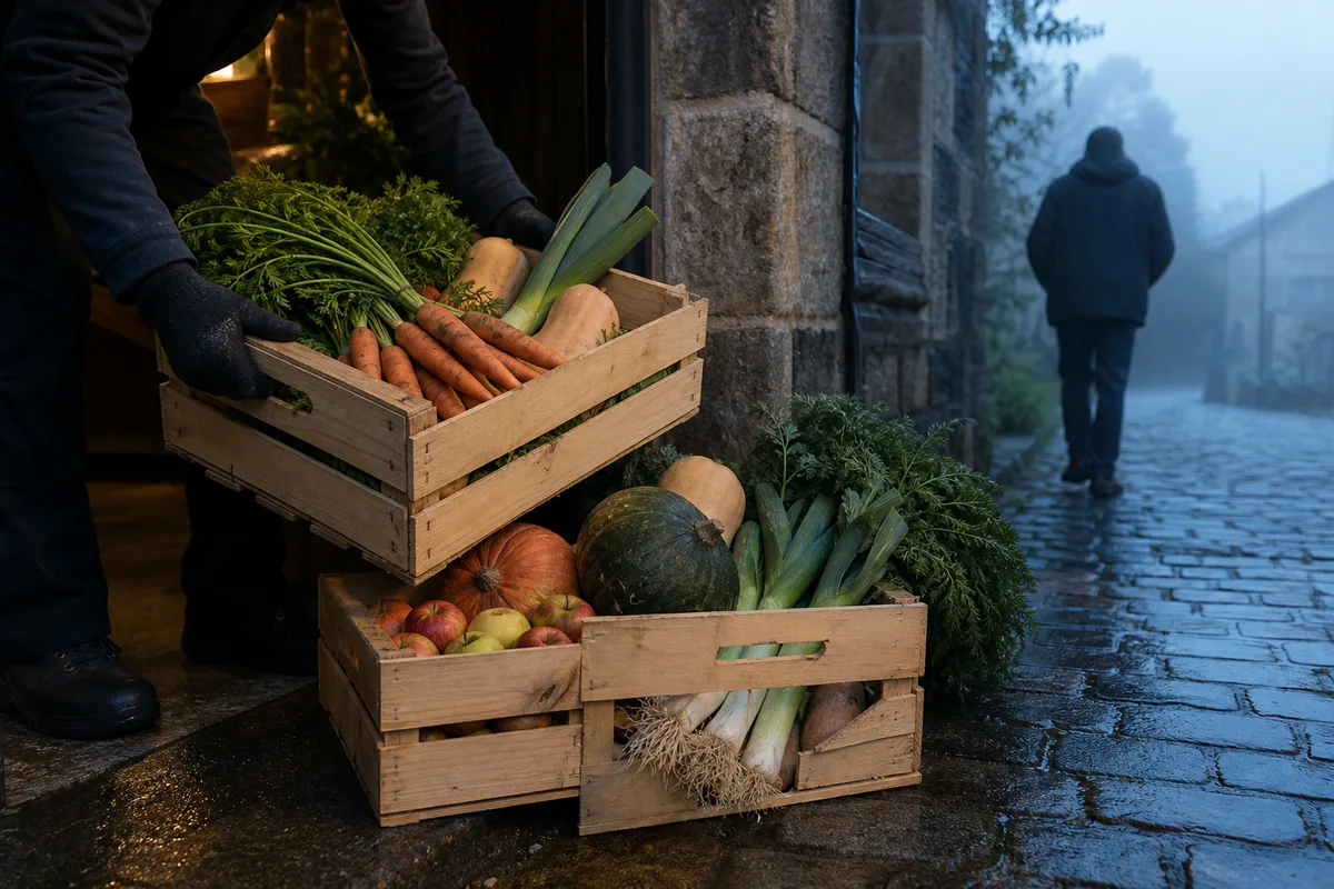 Cagettes de légumes de saison déchargées à la livraison au petit matin devant une cuisine
