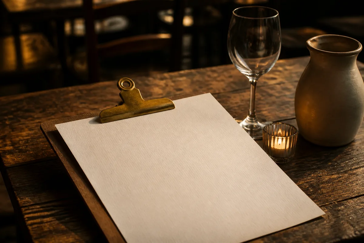Carte de restaurant vierge en papier épais posée sur une table dressée en lumière chaude