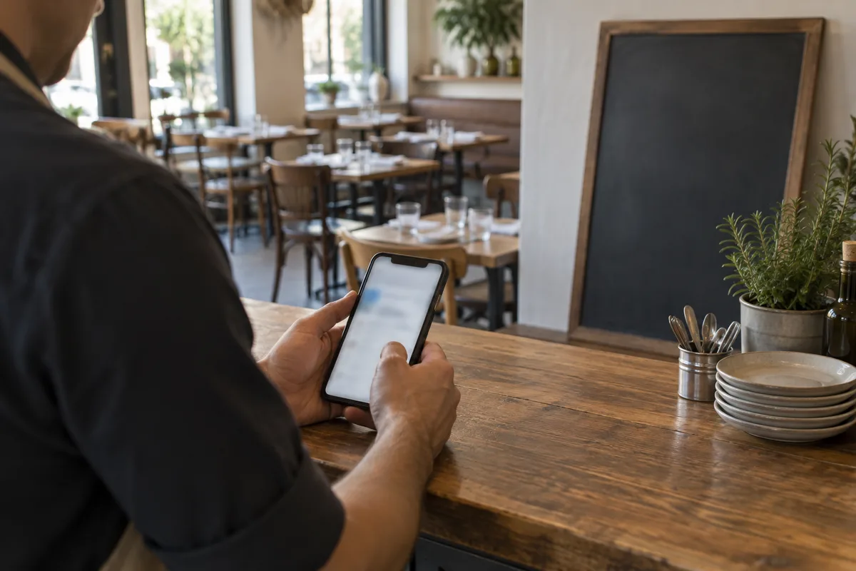 Mains d&rsquo;un restaurateur tenant un téléphone derrière un comptoir en bois, ardoise vierge posée contre le mur