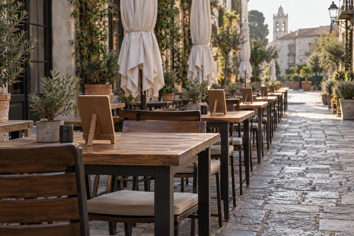 Terrasse de restaurant vide avant le service avec un petit chevalet uni vu de dos sur chaque table