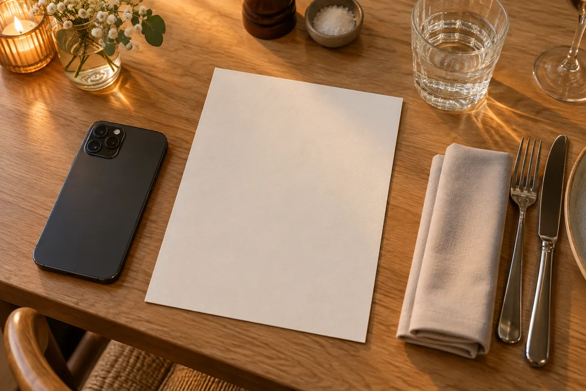 Carte de restaurant vierge en papier épais posée à côté d&rsquo;un téléphone retourné sur une table dressée