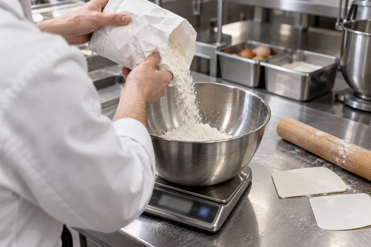 Mains d’un cuisinier pesant de la farine dans un cul-de-poule posé sur une balance