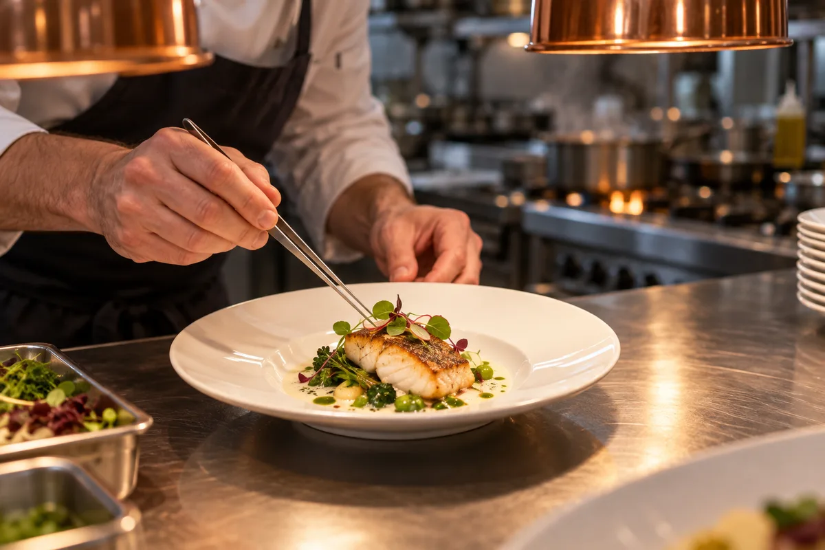 Assiette dressée sur le passe d’une cuisine, mains ajustant un élément avec une pince