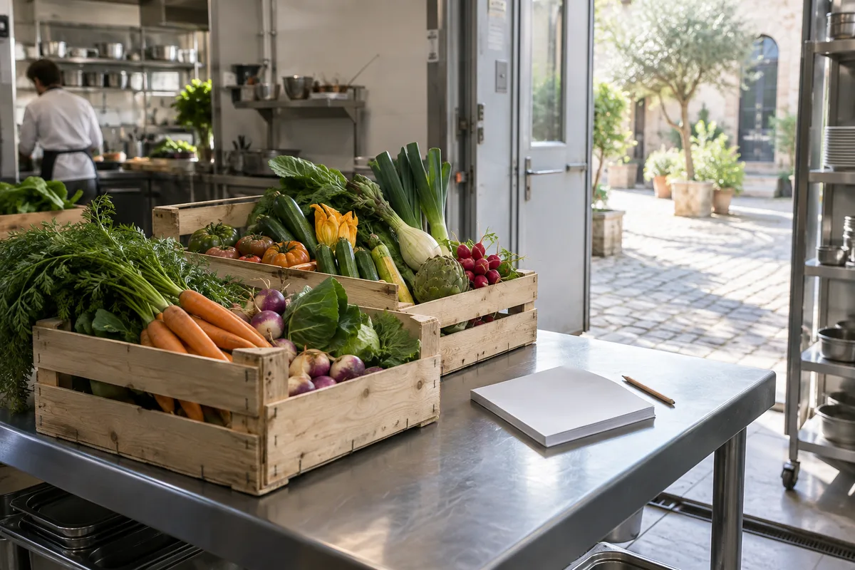Cagettes de légumes de saison sur une table de réception avec un bloc de feuilles et un crayon