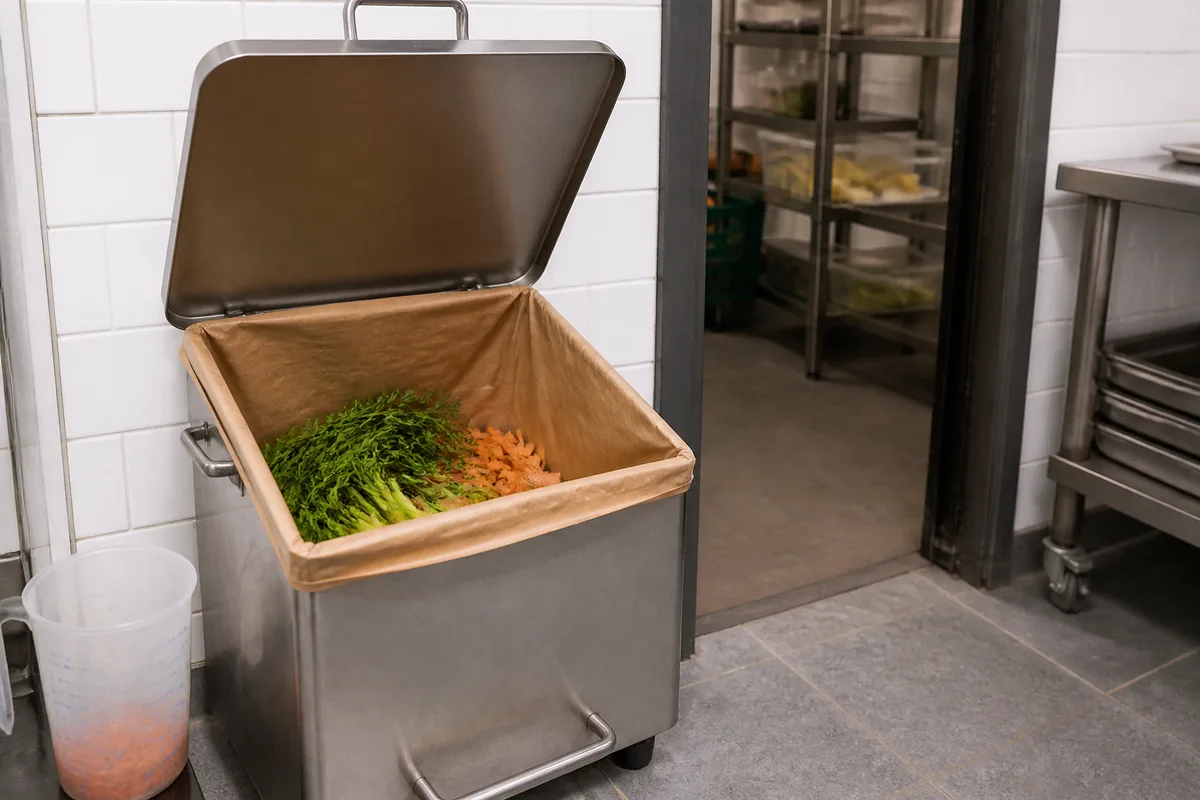 Bac de tri des biodéchets en inox devant une réserve de cuisine professionnelle