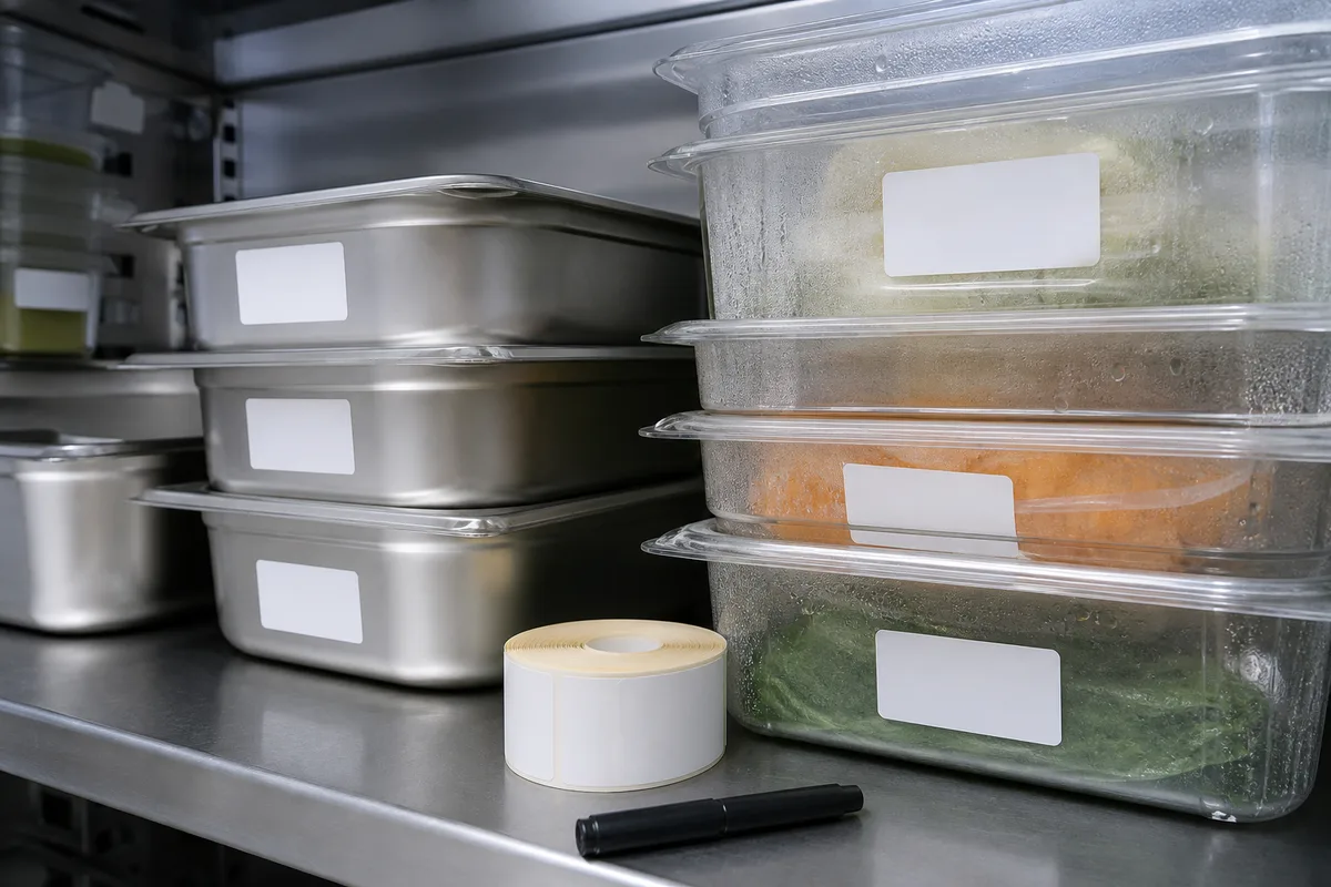 Étagère inox de réserve alimentaire avec bacs gastronormes empilés et étiquettes de dates vierges