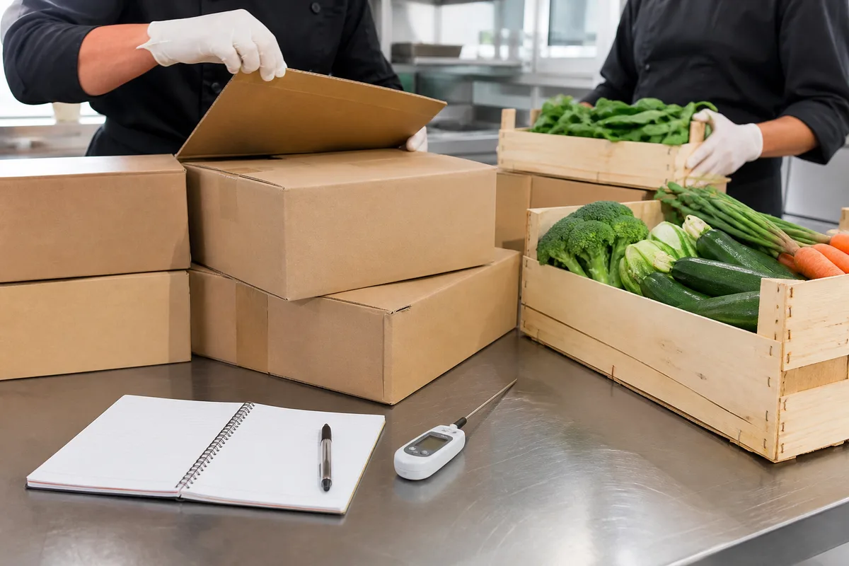 Réception de livraison en cuisine professionnelle, cartons bruns unis et thermomètre sonde posé sur un plan inox