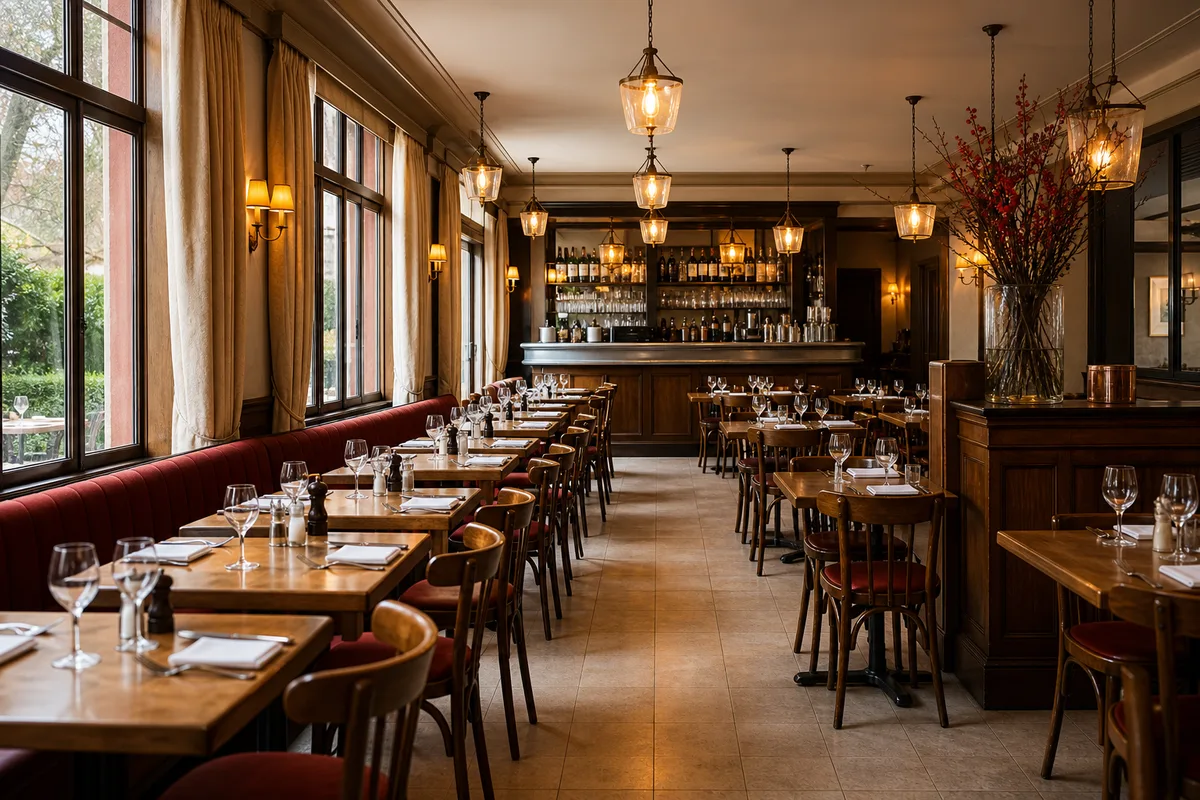 Salle de restaurant vide meublée de tables en bois et chaises avant le service