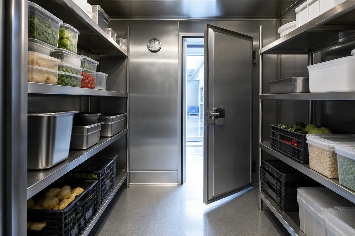 Chambre froide inox ouverte avec étagères et denrées rangées dans une cuisine pro