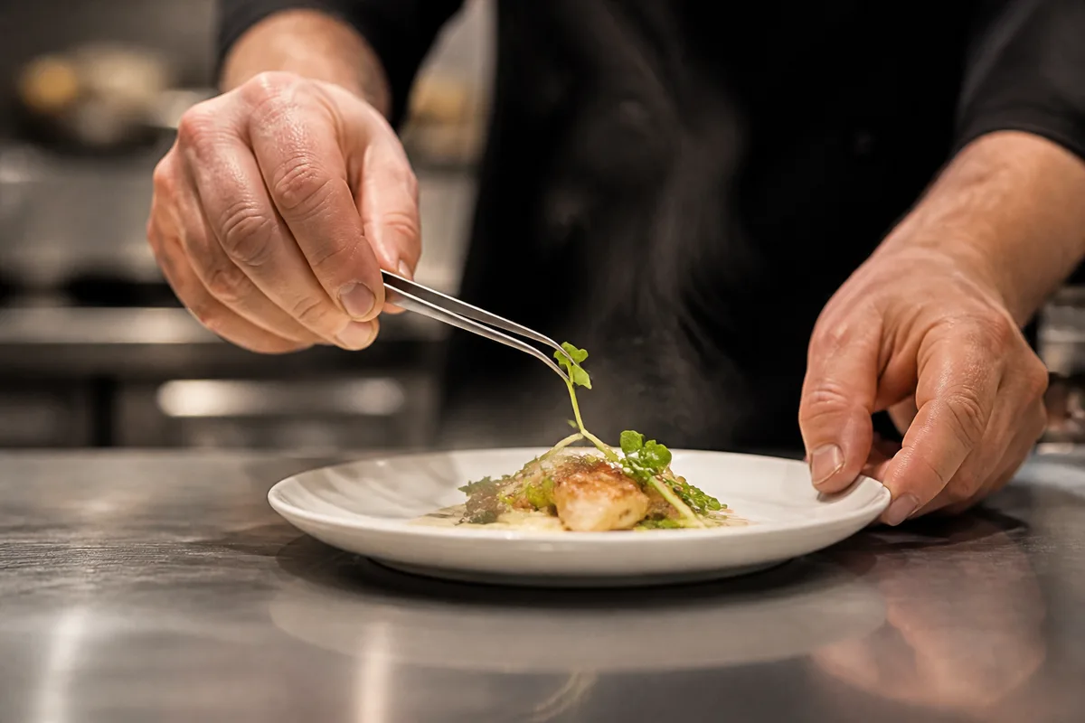 Mains d’un cuisinier dressant une assiette sur un passe en inox