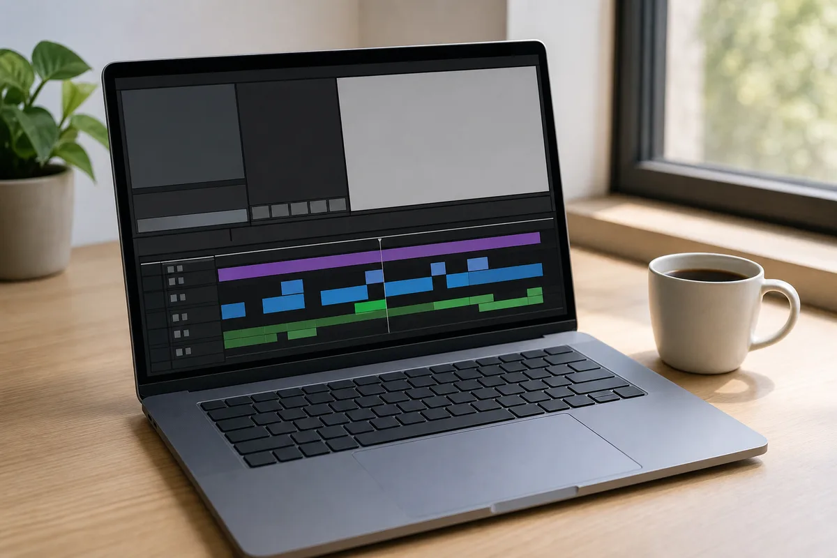 Écran d’ordinateur portable affichant une timeline de montage colorée sans caractères