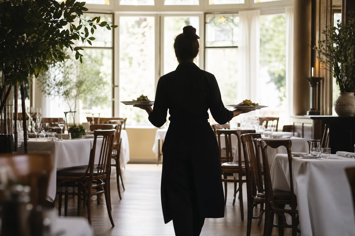 Serveuse de dos portant deux assiettes dans une salle de restaurant lumineuse